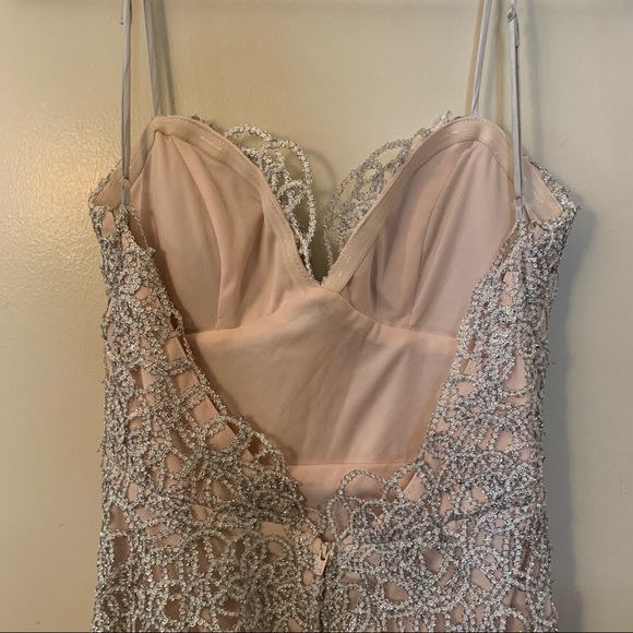 B.Darlin Silver Lace Overlay Prom Dress - Picture 5 of 9